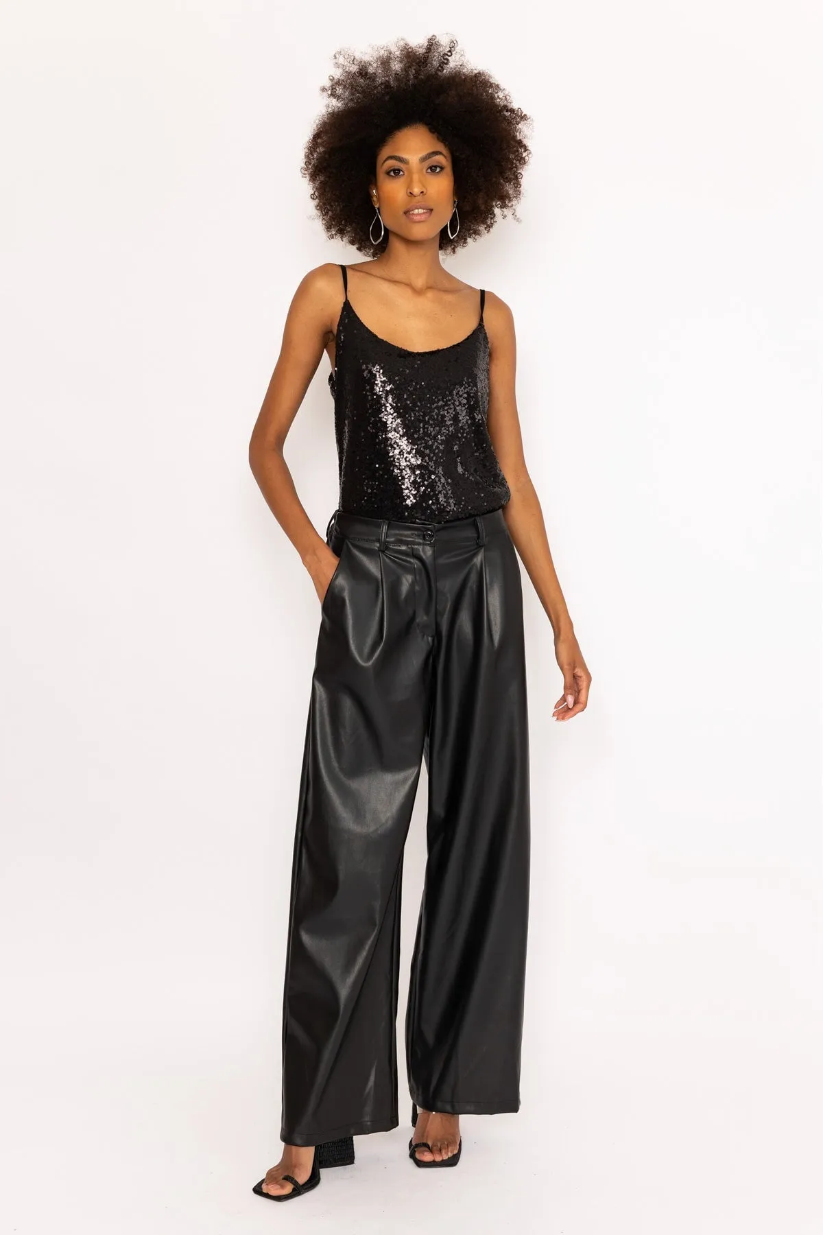 Black PU Faux Leather Wide Leg Trousers