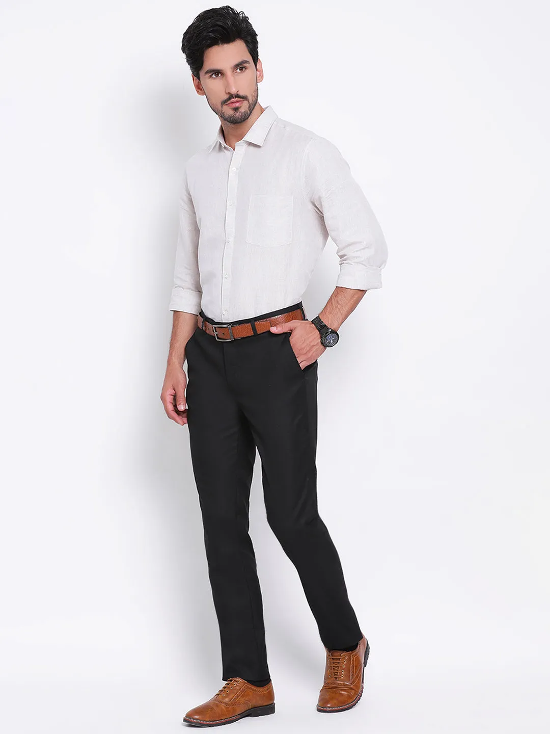 Black Self Design Slim Fit Trouser