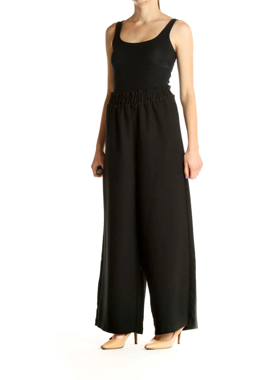 Black Solid Chic Wide-Leg Trousers