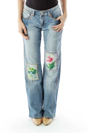 Blue Embroidered Patchwork Flared Jeans