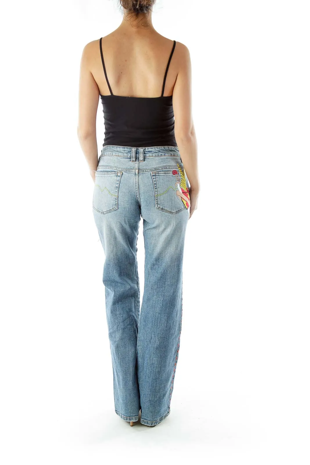 Blue Embroidered Patchwork Flared Jeans