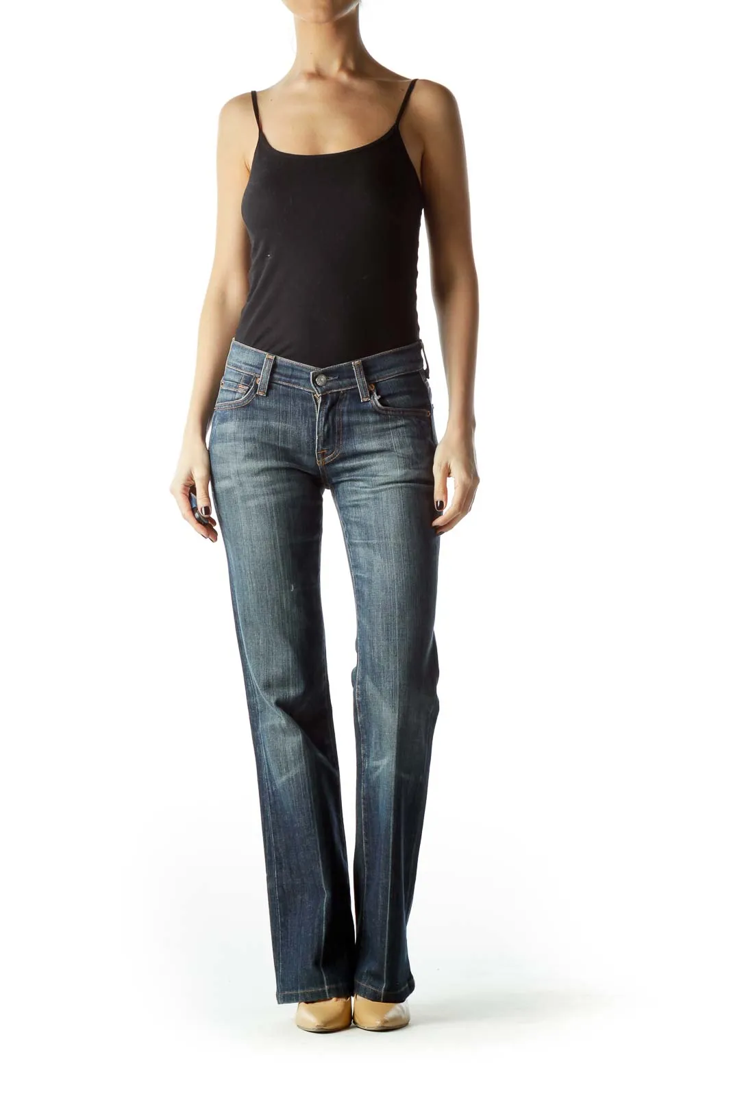 Blue Medium-Wash Flared Denim Jeans