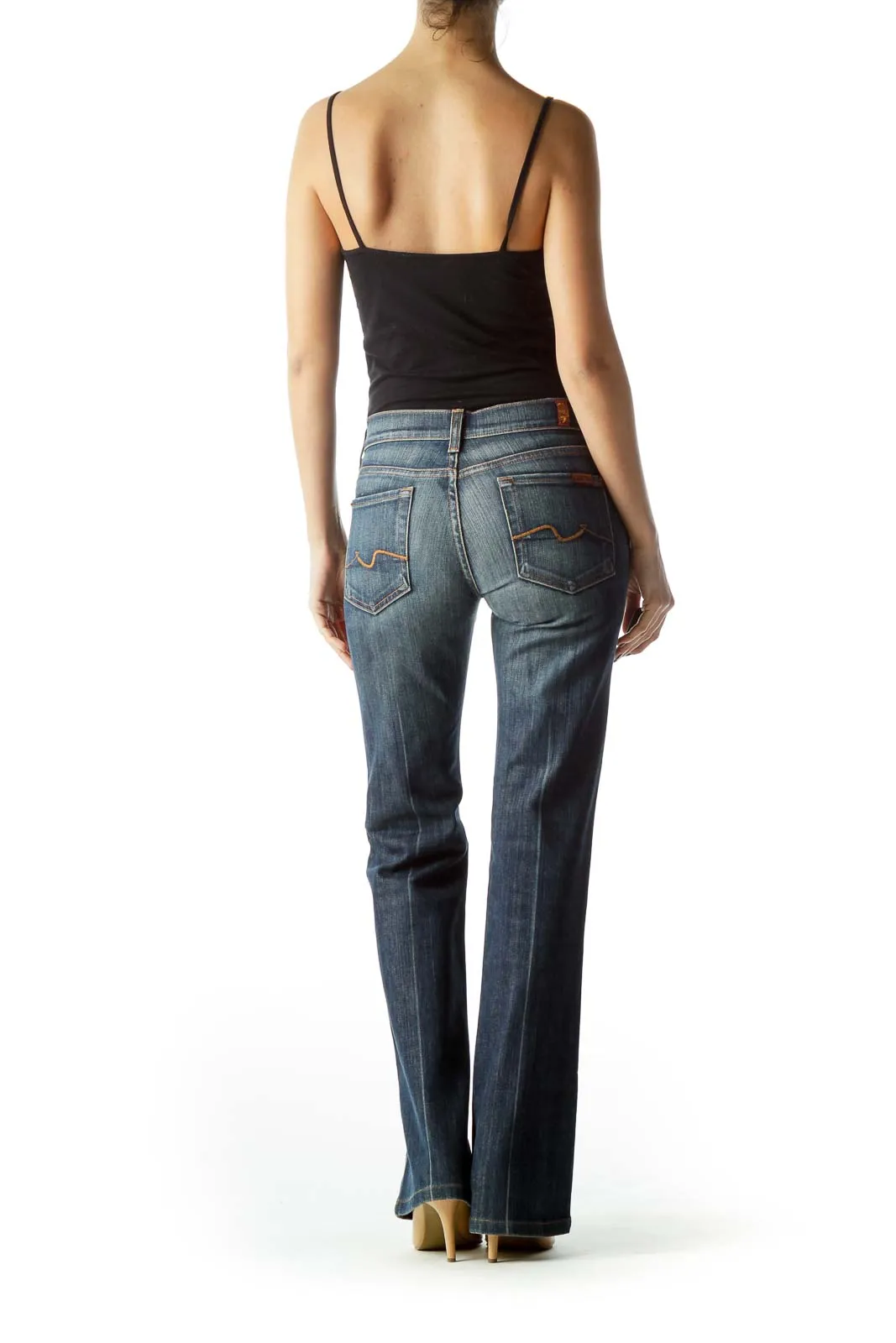 Blue Medium-Wash Flared Denim Jeans