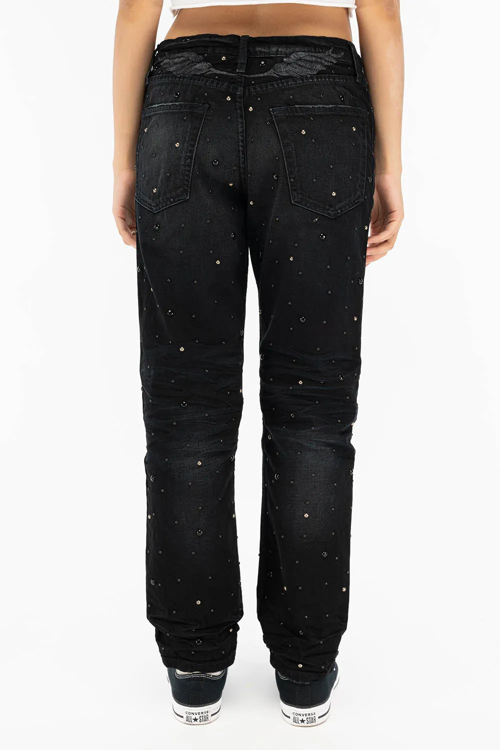 BOYFRIEND JEANS IN F_ED UP BLACK BROKEN WASH WITH BLACK AND SILVER STUDS