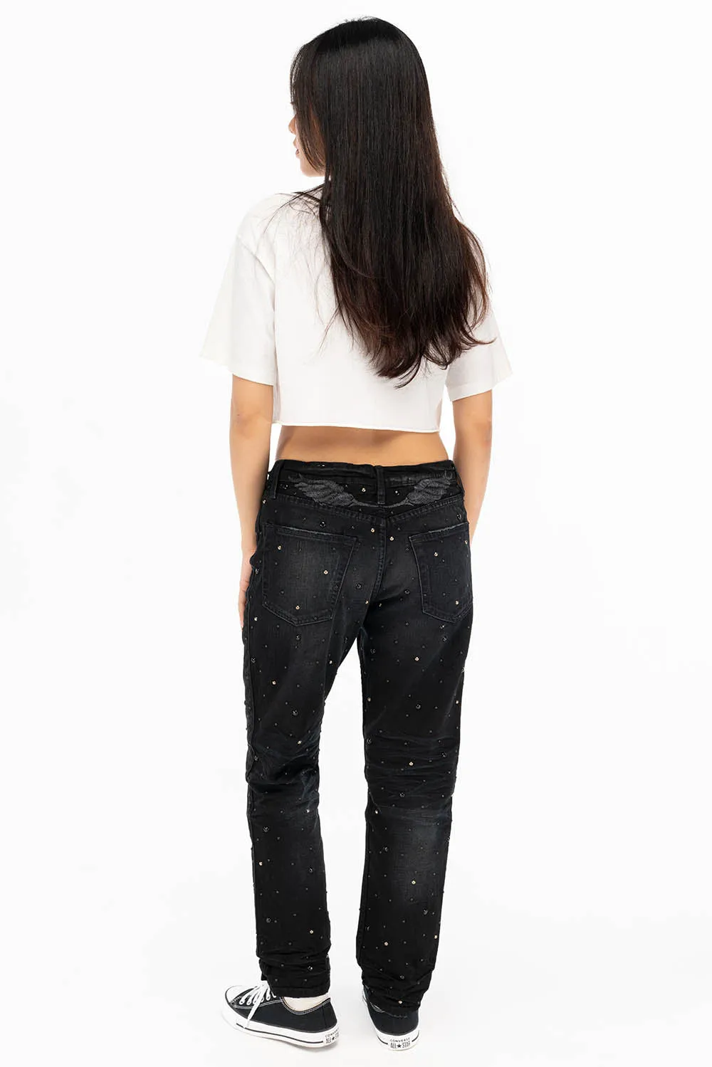 BOYFRIEND JEANS IN F_ED UP BLACK BROKEN WASH WITH BLACK AND SILVER STUDS