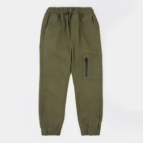 Boys Cotton Twill Pant Zipper Pocket-Olive Green