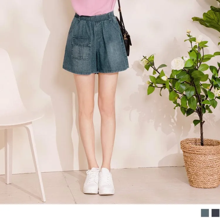 COTTON BRUSHED ELASTIC WAIST DENIM SHORTS