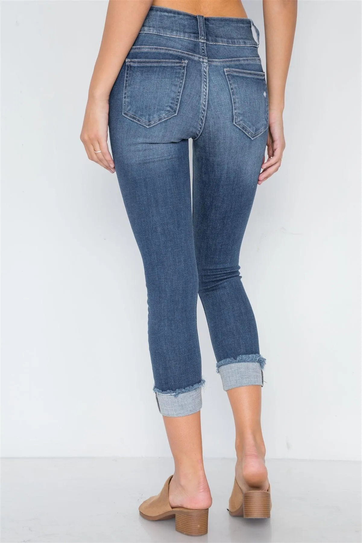 Dark Denim Cuffed Hem Ankle Length Skinny Jeans