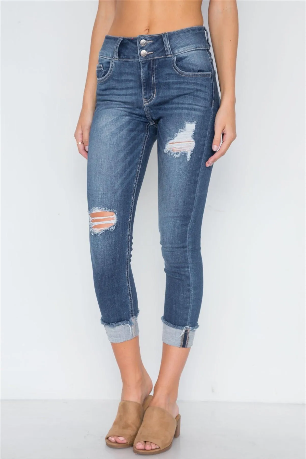 Dark Denim Cuffed Hem Ankle Length Skinny Jeans