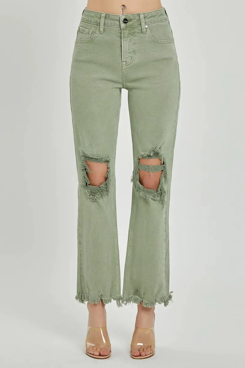 Distressed Straight Leg Olive Jeans