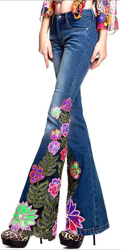 Embellished Multi Colored Floral Flared Denim Jeans