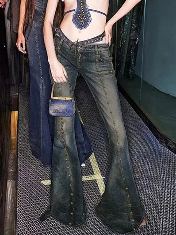 Flared Rivet Grunge Punk Low Waisted Jeans