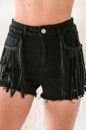 Flirty In Fringe High Rise Fringed Denim Shorts (Black)