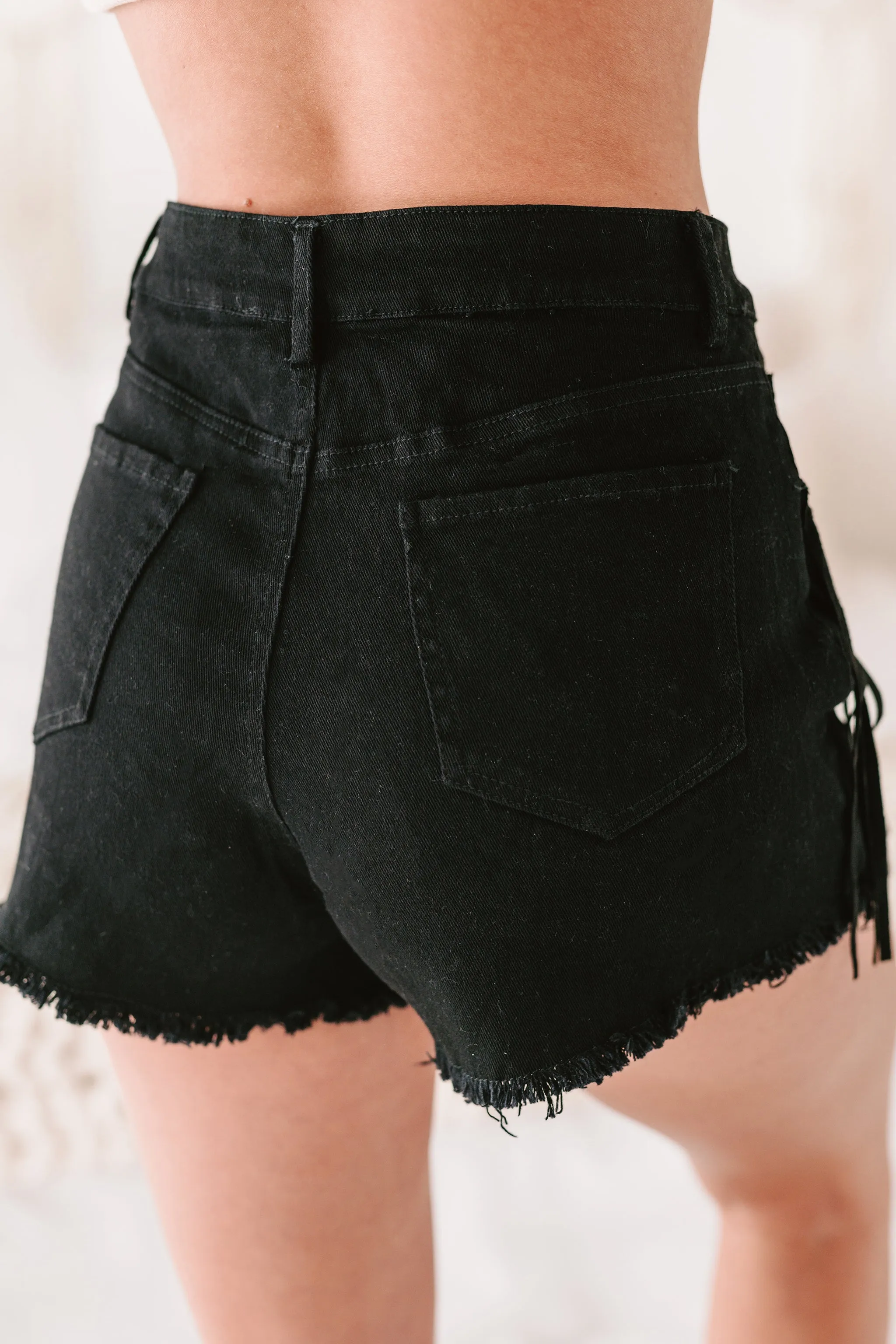 Flirty In Fringe High Rise Fringed Denim Shorts (Black)