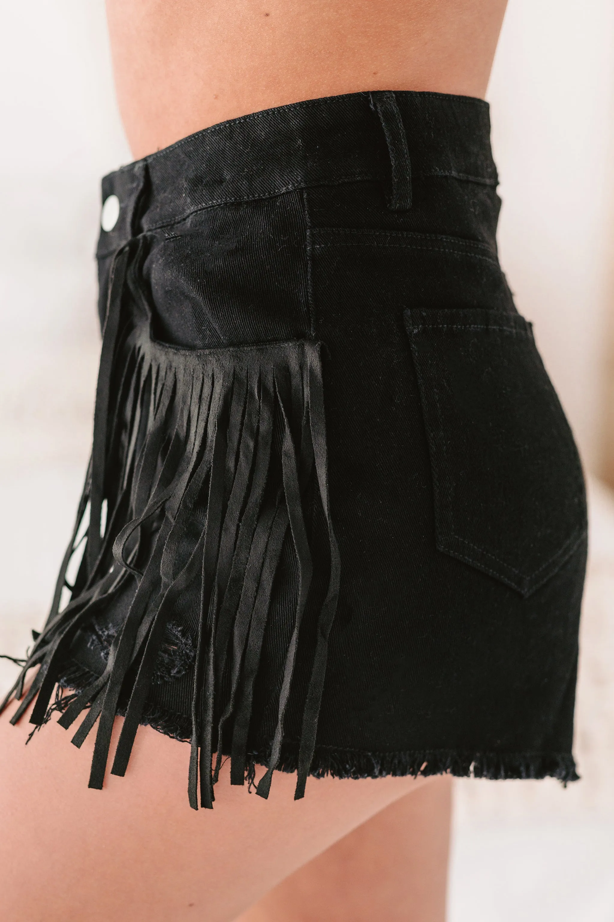 Flirty In Fringe High Rise Fringed Denim Shorts (Black)