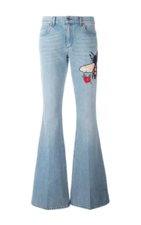 Fly Embroidered Flared Cotton Jeans