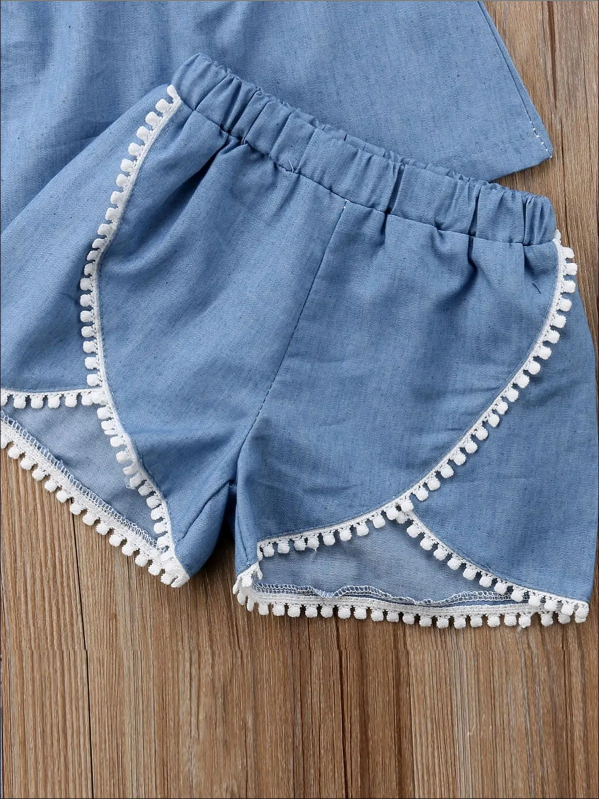 Girls Lace Trim Off The Shoulder Denim Top And Matching Short Set