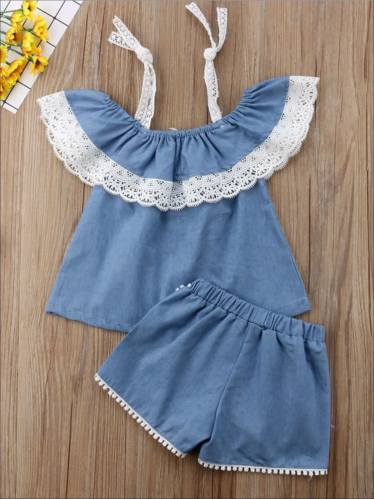 Girls Lace Trim Off The Shoulder Denim Top And Matching Short Set