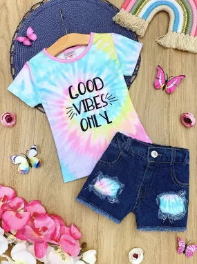 Girls "Good Vibes Only" Tie Dye Top and Patched Denim Shorts Set