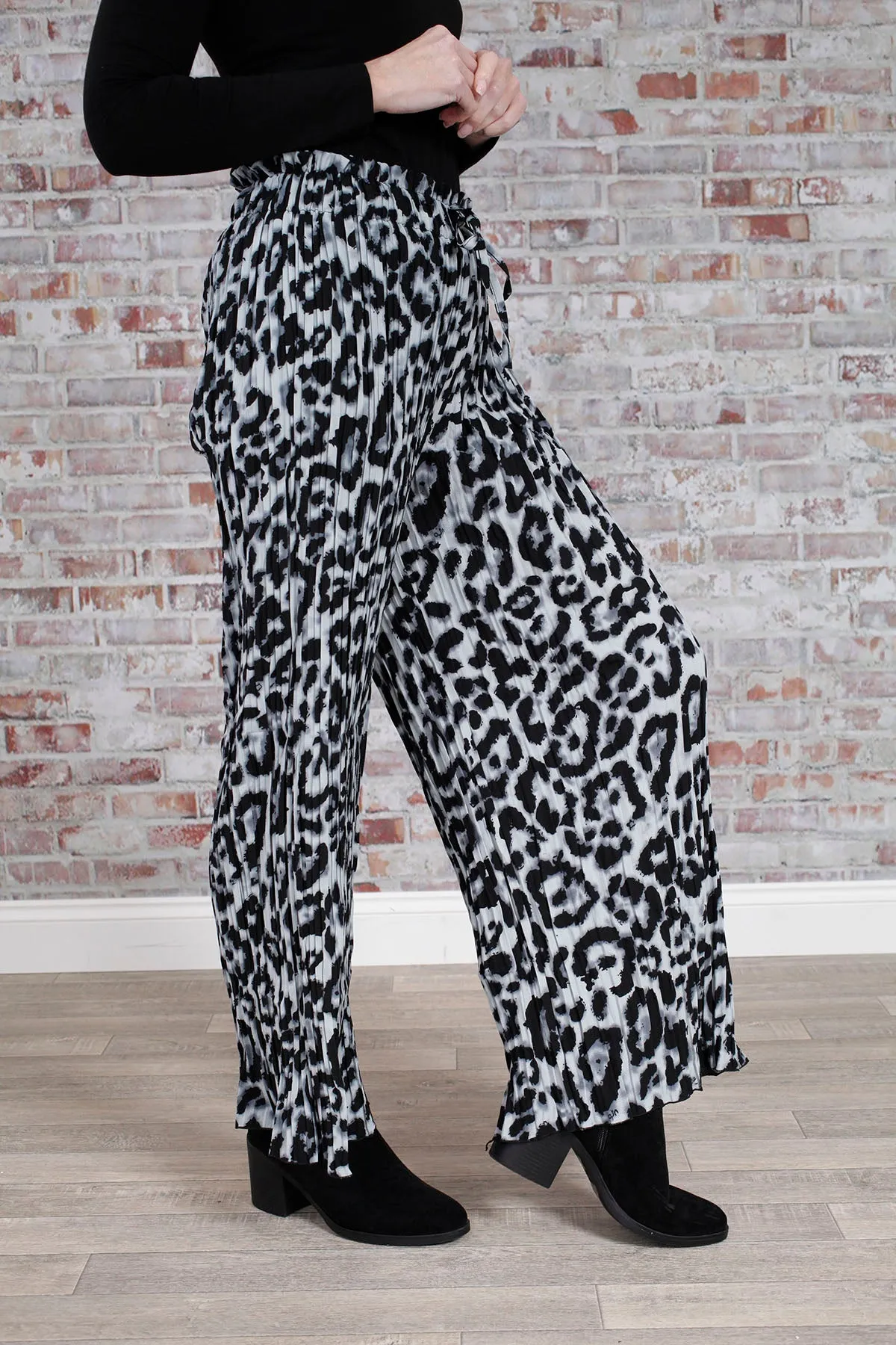 Grey Leopard Pleat Palazzo Trousers