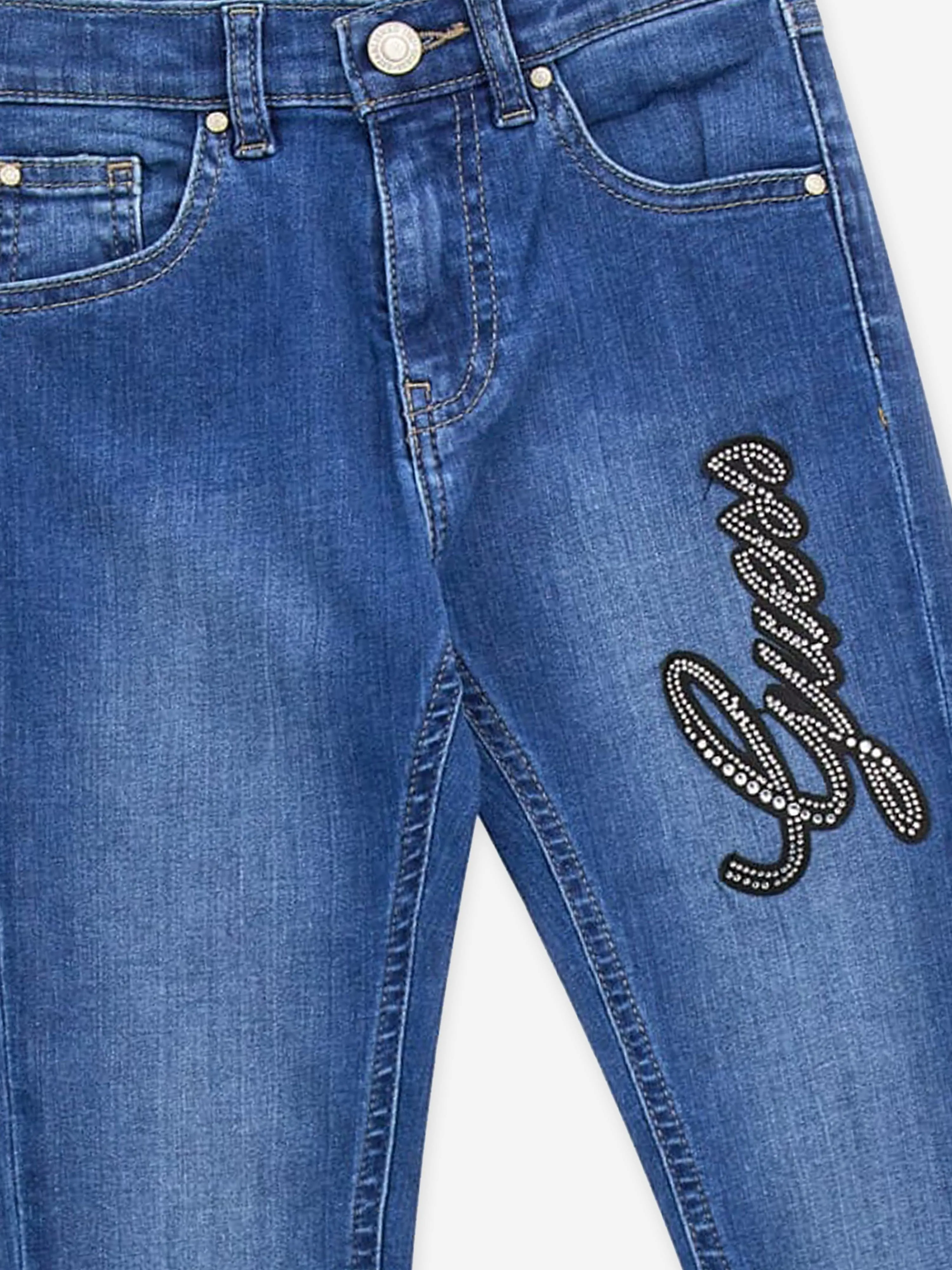 Guess Girls Diamante Logo Skinny Jeans in Blue