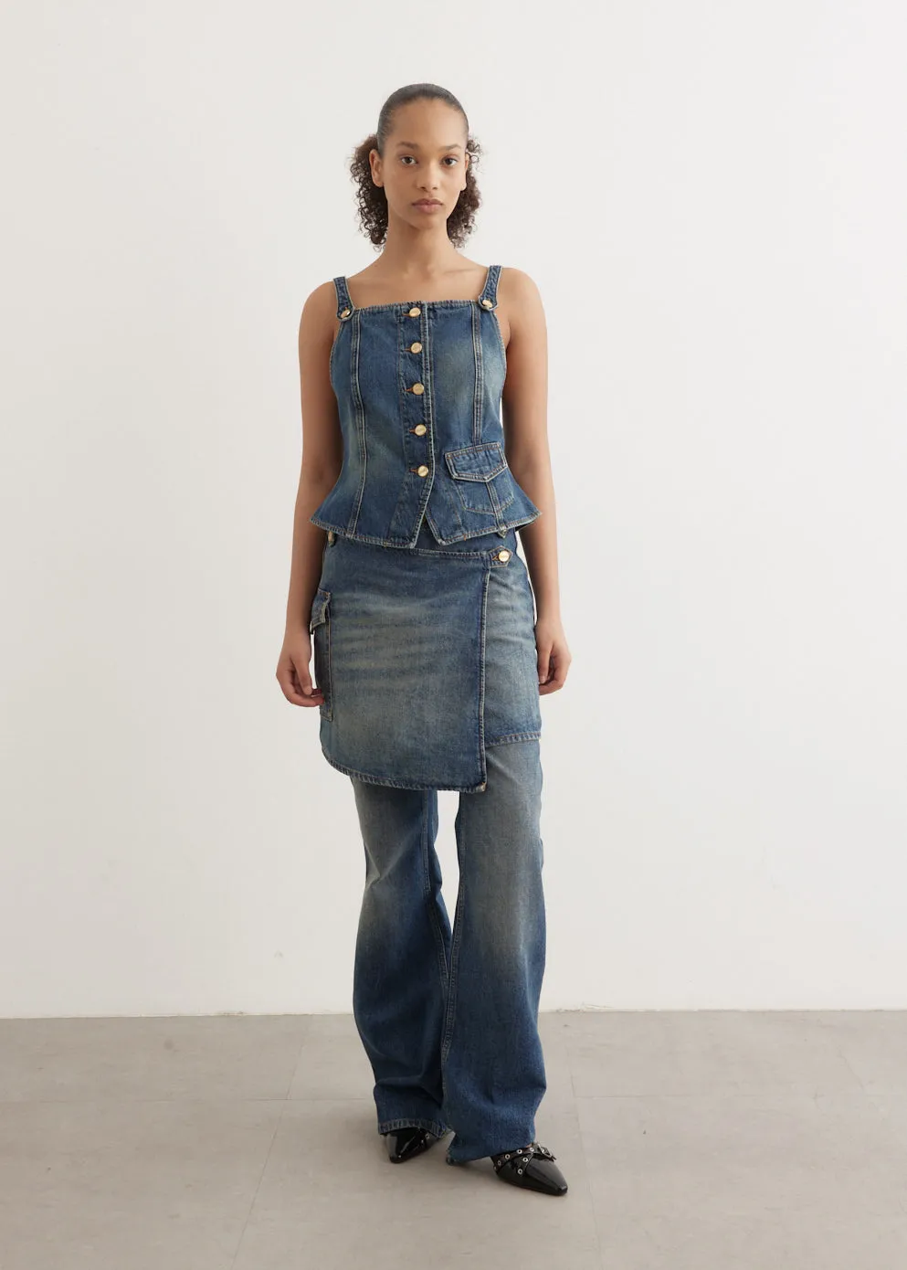 Heavy Washed Denim Flared Skirt Jeans