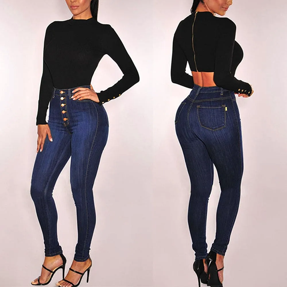 High Waist Slant Pocket Button Up Stretch Skinny Jeans