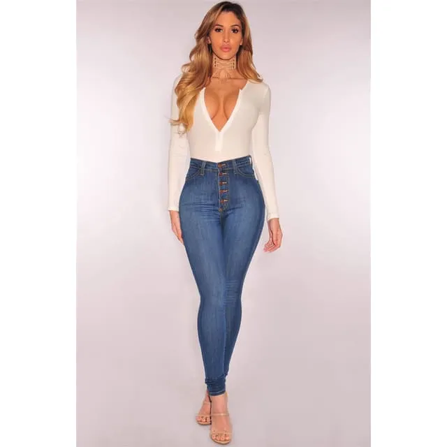 High Waist Slant Pocket Button Up Stretch Skinny Jeans