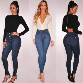 High Waist Slant Pocket Button Up Stretch Skinny Jeans