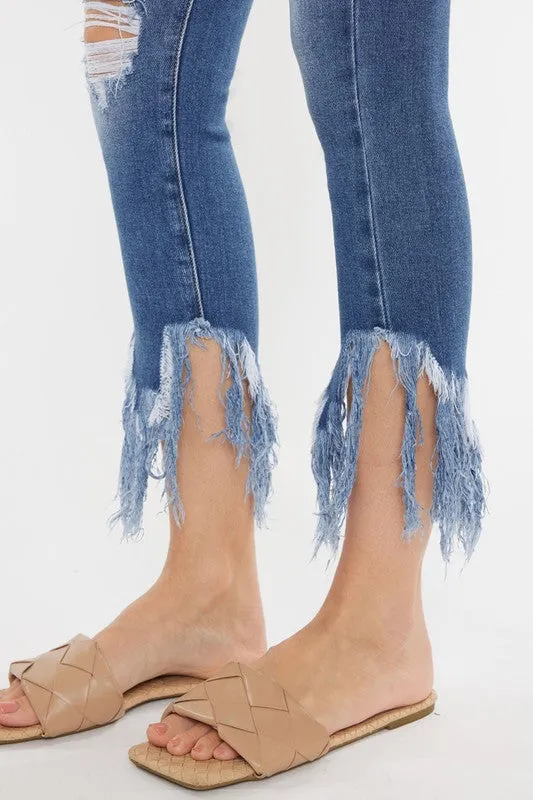 KANCAN MID RISE FRAYED HEM ANKLE SKINNY JEANS