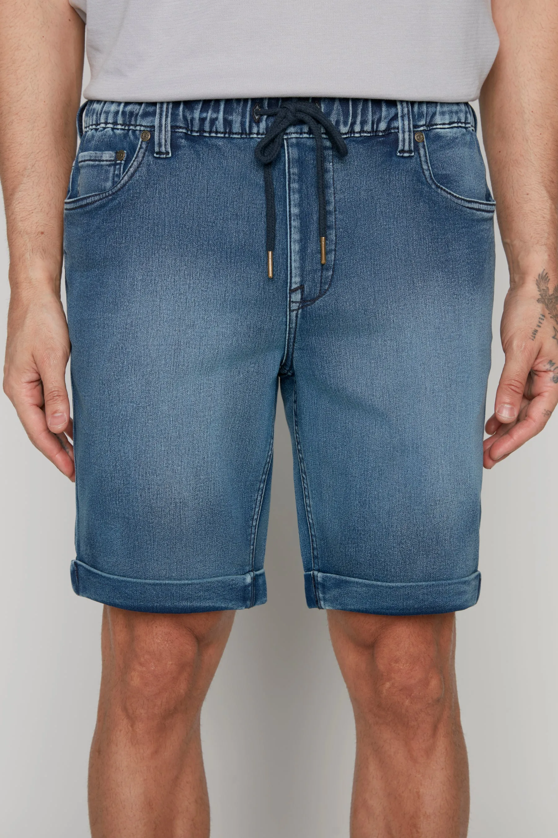 LENNON - Mens Rolled-Up Denim Shorts - Medium Blue Acid Wash