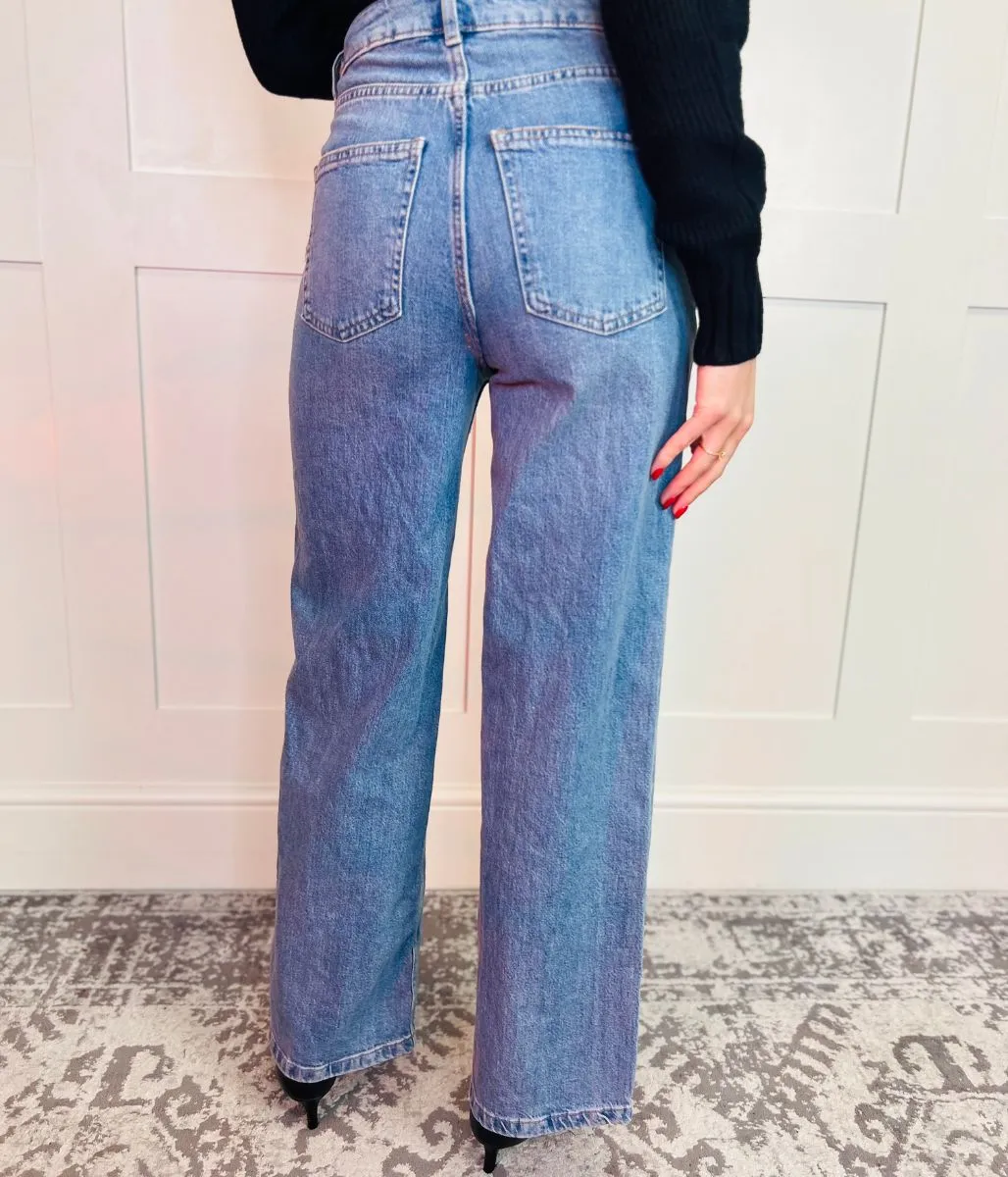 Light Blue Denim Lyocell Blend Wide Leg Jeans