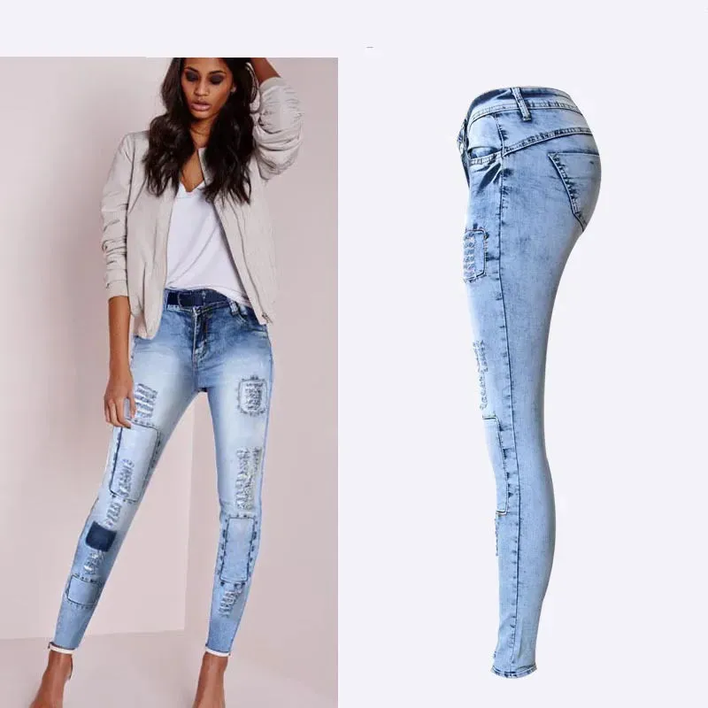 Low Waist Sky Blue Patchwork Skinny Women Jeans*