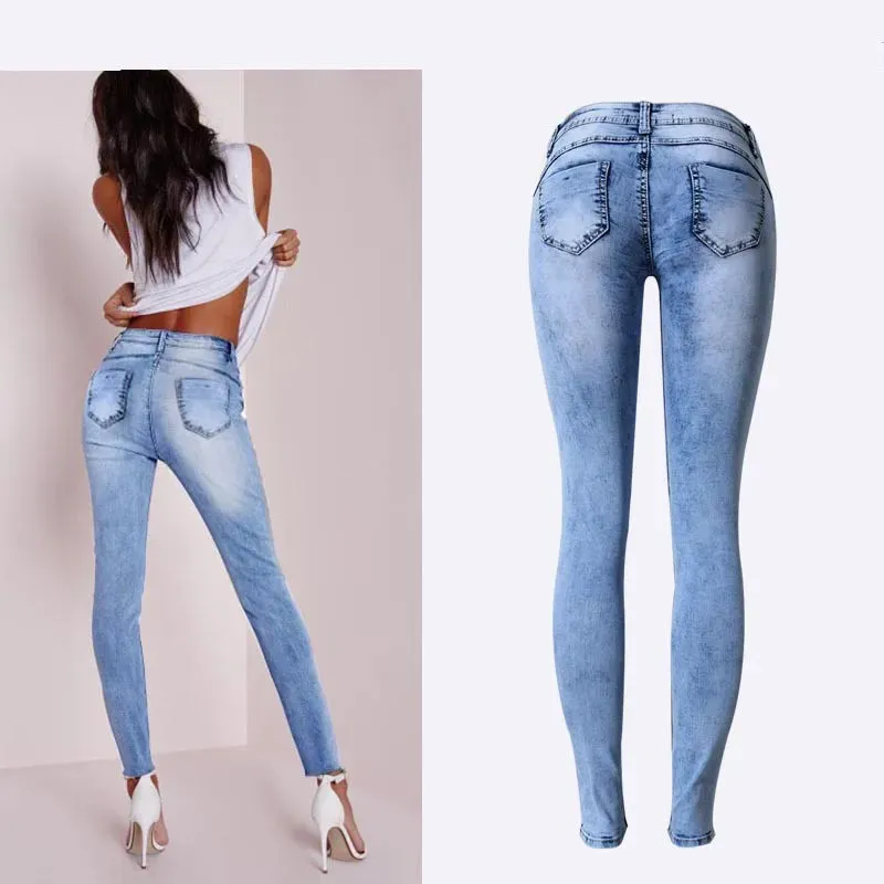 Low Waist Sky Blue Patchwork Skinny Women Jeans*