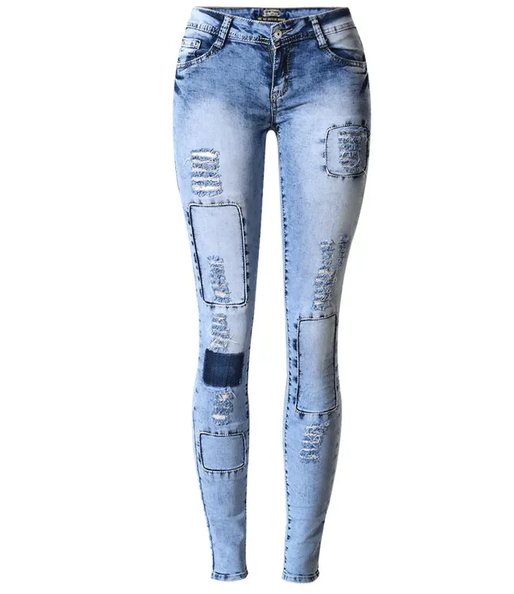 Low Waist Sky Blue Patchwork Skinny Women Jeans*