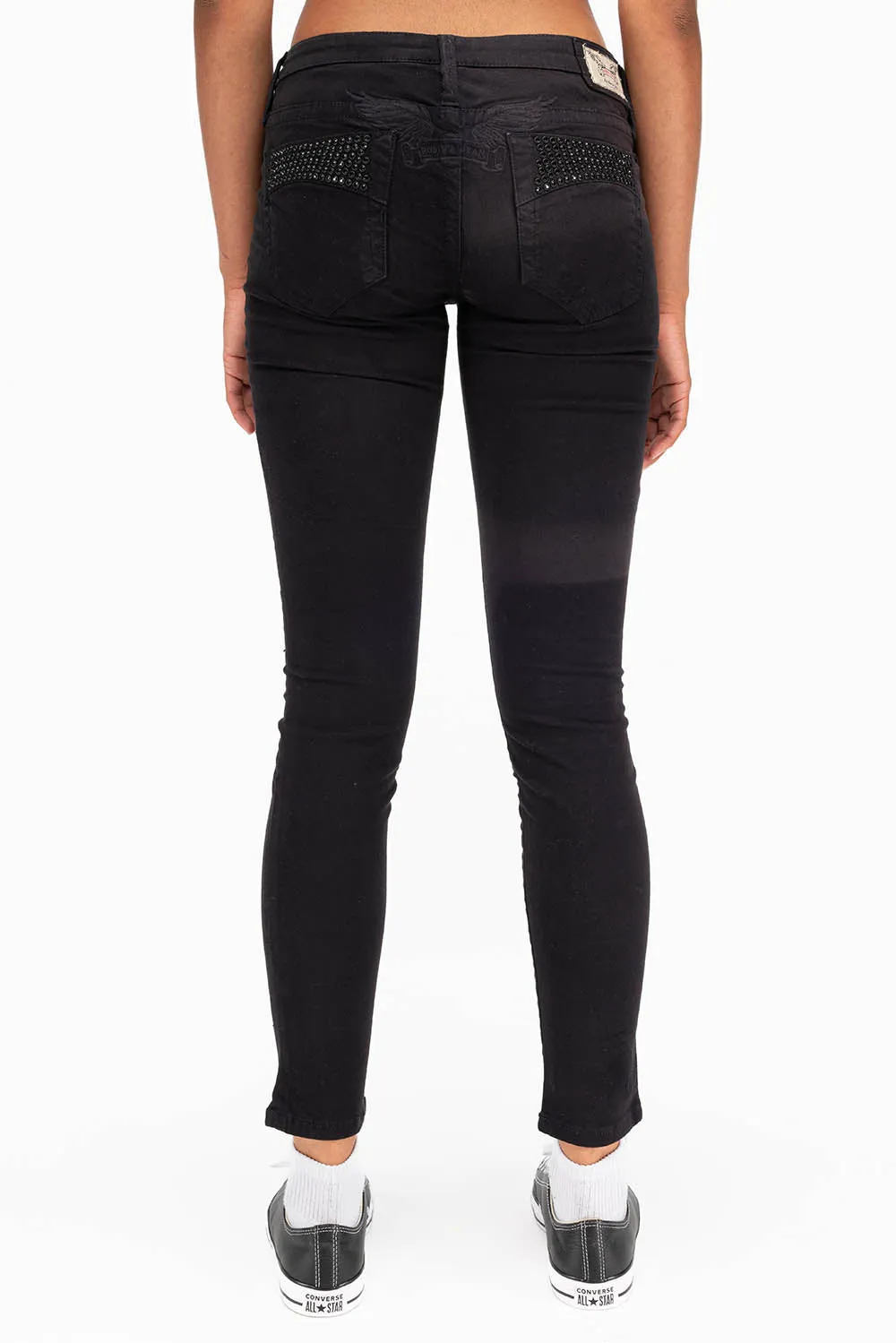 MARILYN WOMENS SKINNY JEANS IN BLACK WITH TONAL WINGS AND CRYSTALS