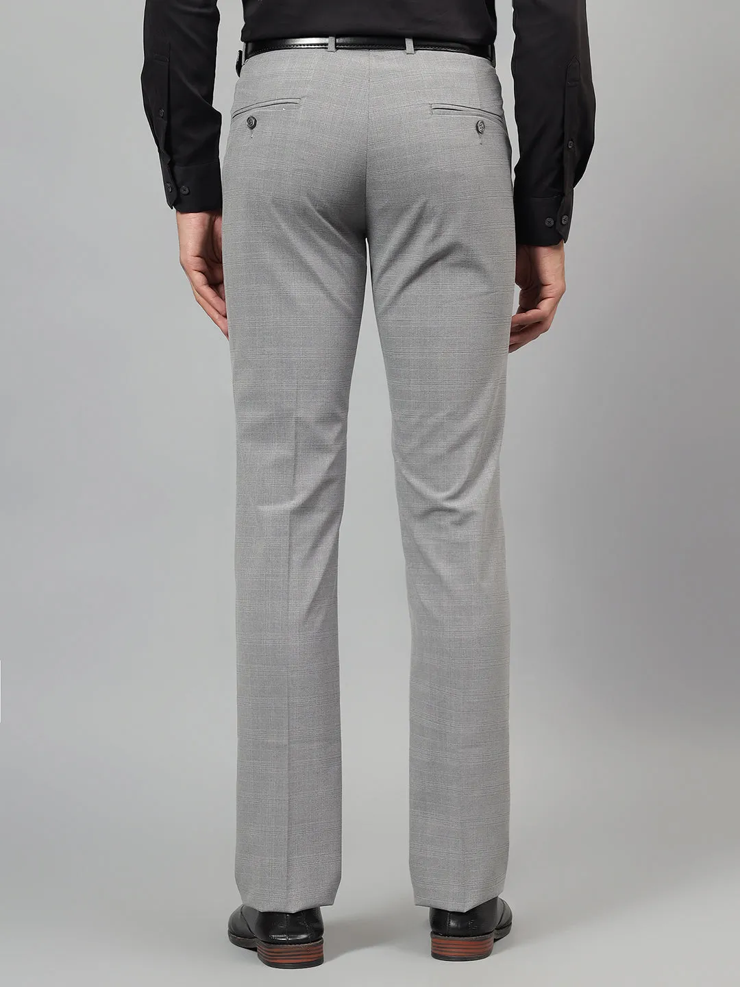 Men's Light Grey Checked Non-Pleated Formal Trouser