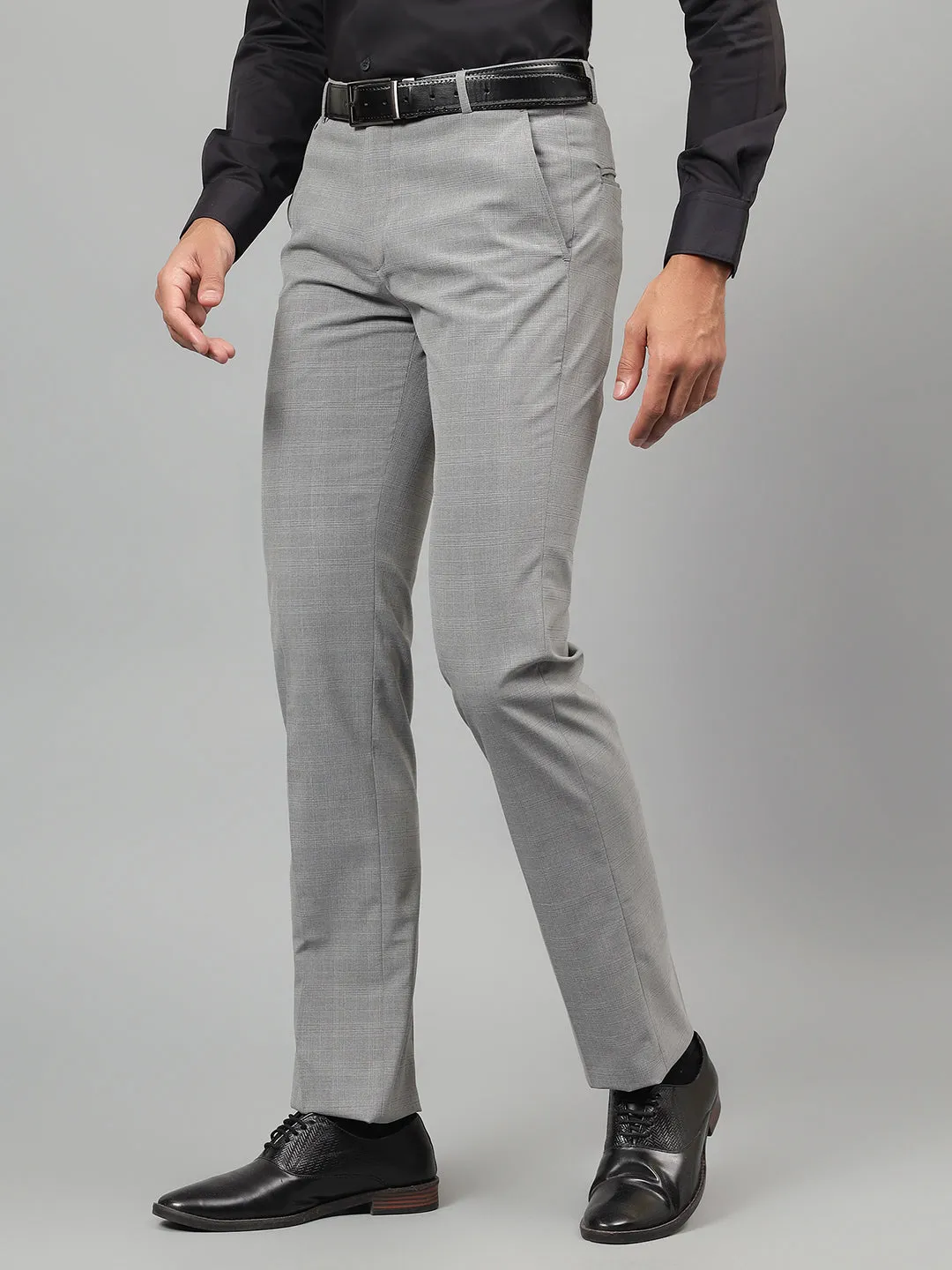 Men's Light Grey Checked Non-Pleated Formal Trouser