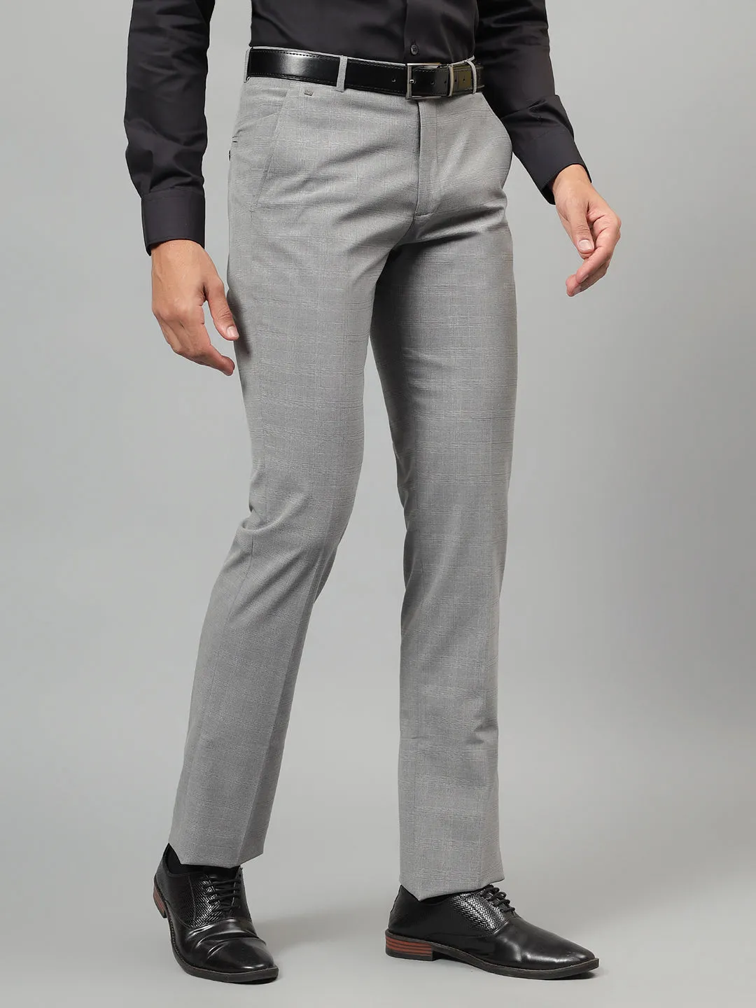 Men's Light Grey Checked Non-Pleated Formal Trouser