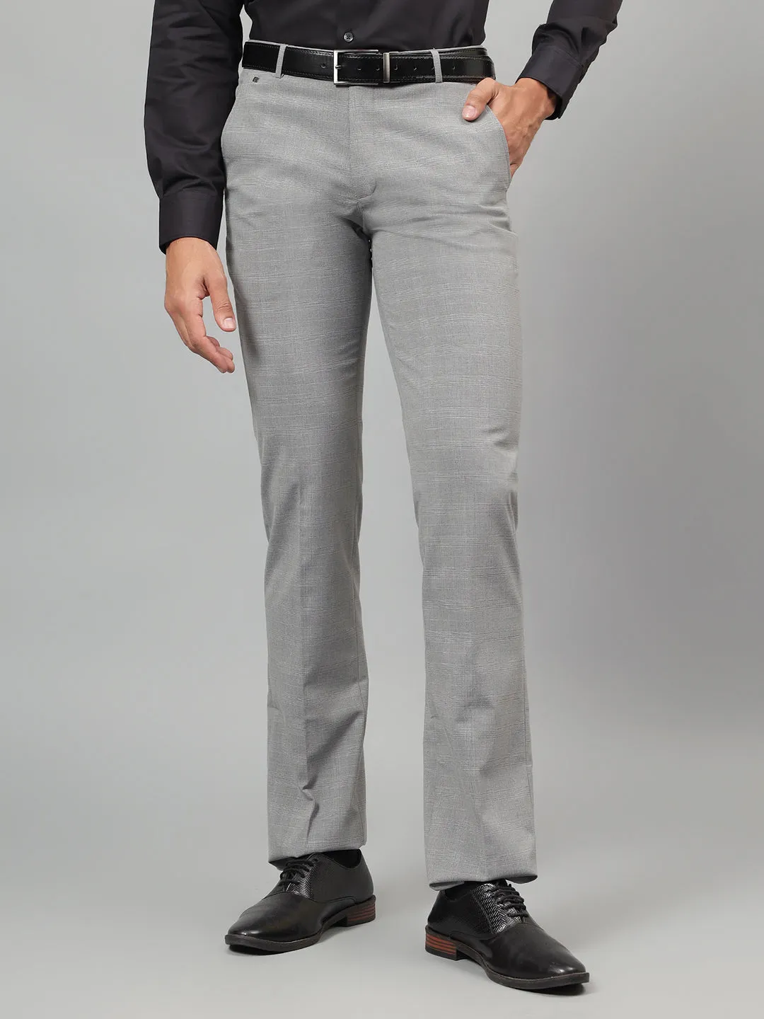 Men's Light Grey Checked Non-Pleated Formal Trouser