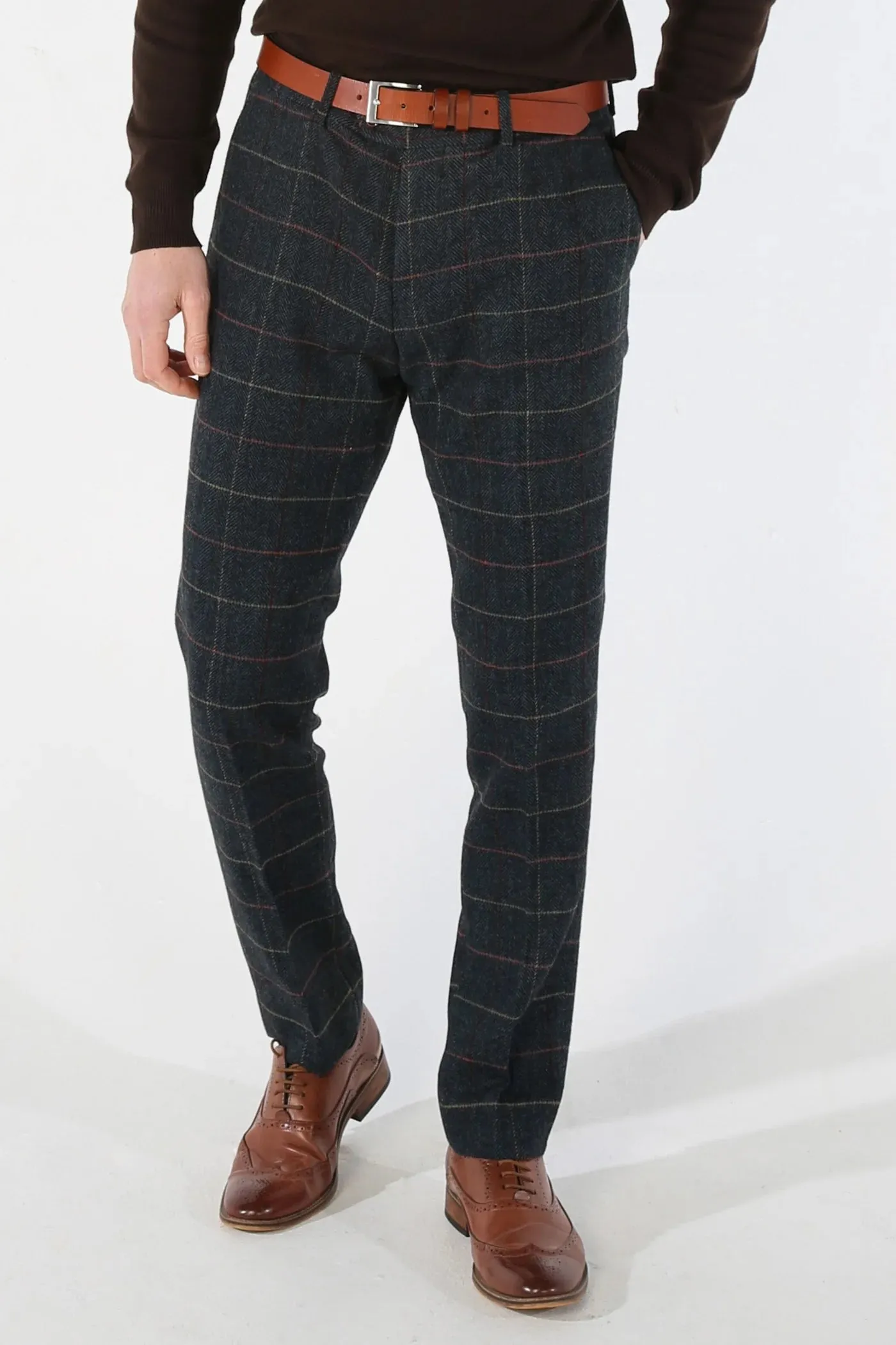 Mens Navy Blue Trousers Herringbone Tweed Checked Formal Suit Pants