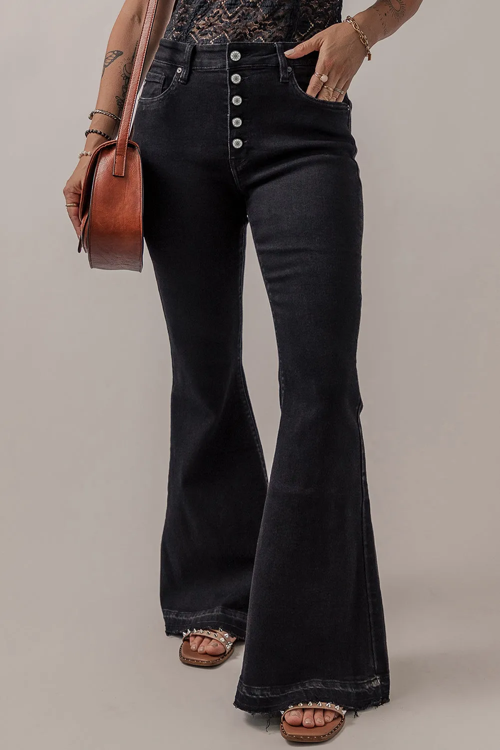 Mid-Rise Button Fly  Black Flared Jeans