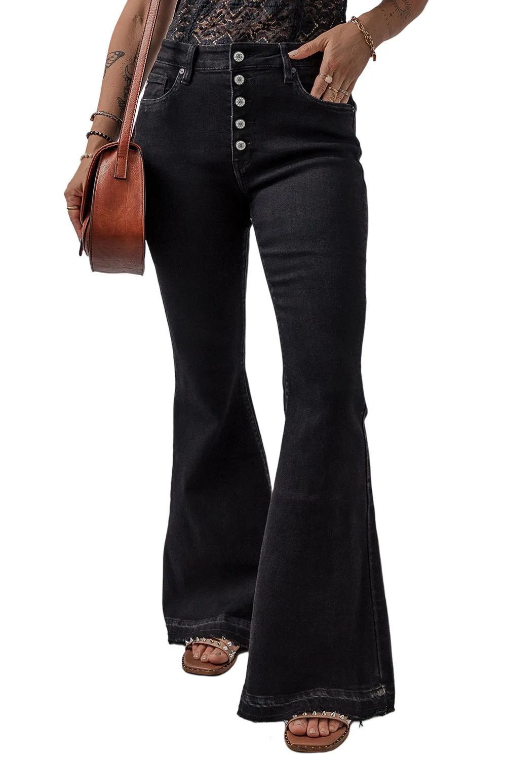 Mid-Rise Button Fly  Black Flared Jeans