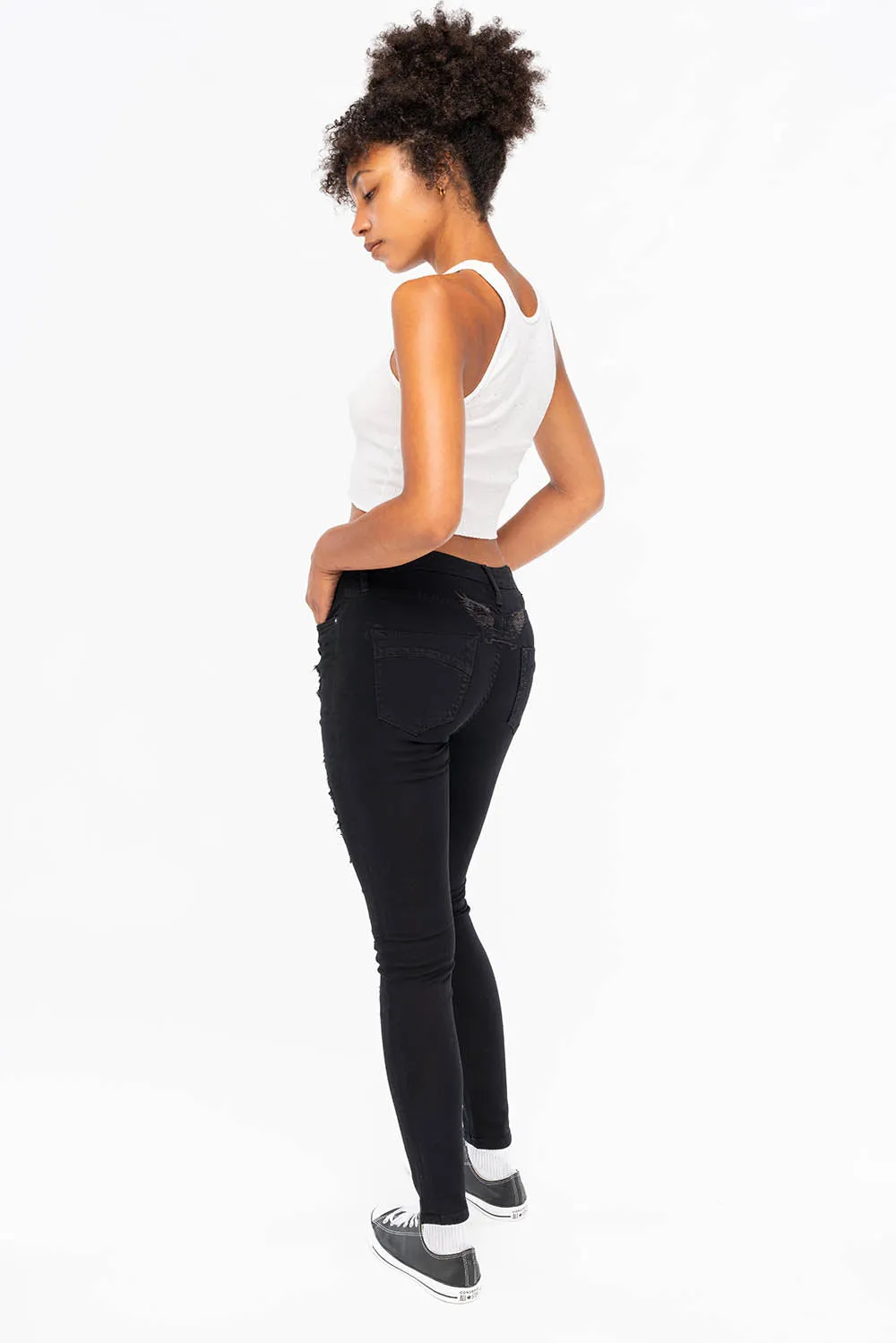 MIDRISE WOMENS SKINNY JEANS IN OVERDYE BLACK