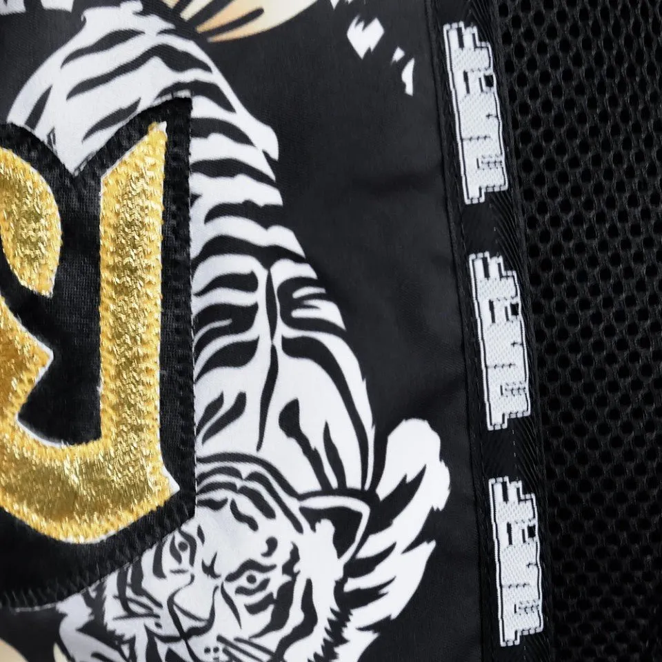 MRS301 TUFF Muay Thai Shorts Retro Style Black Double Tiger With Gold Text