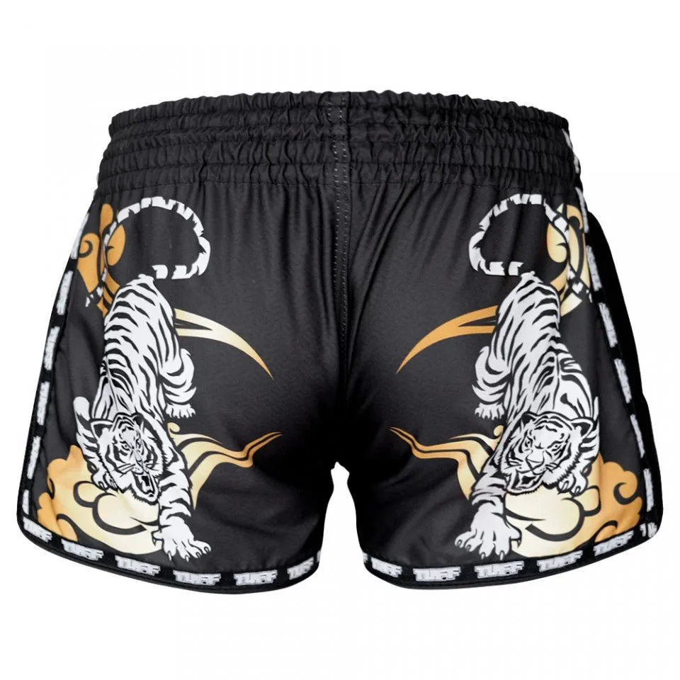 MRS301 TUFF Muay Thai Shorts Retro Style Black Double Tiger With Gold Text