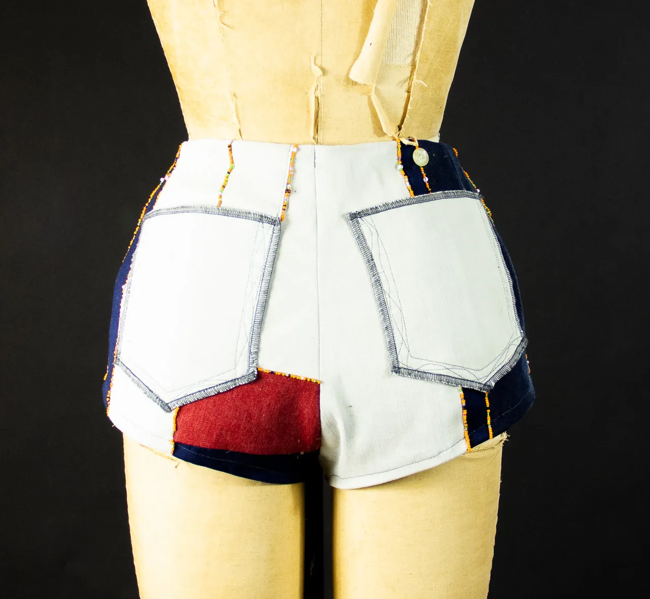 Patchwork Stretch Denim Short with Beads