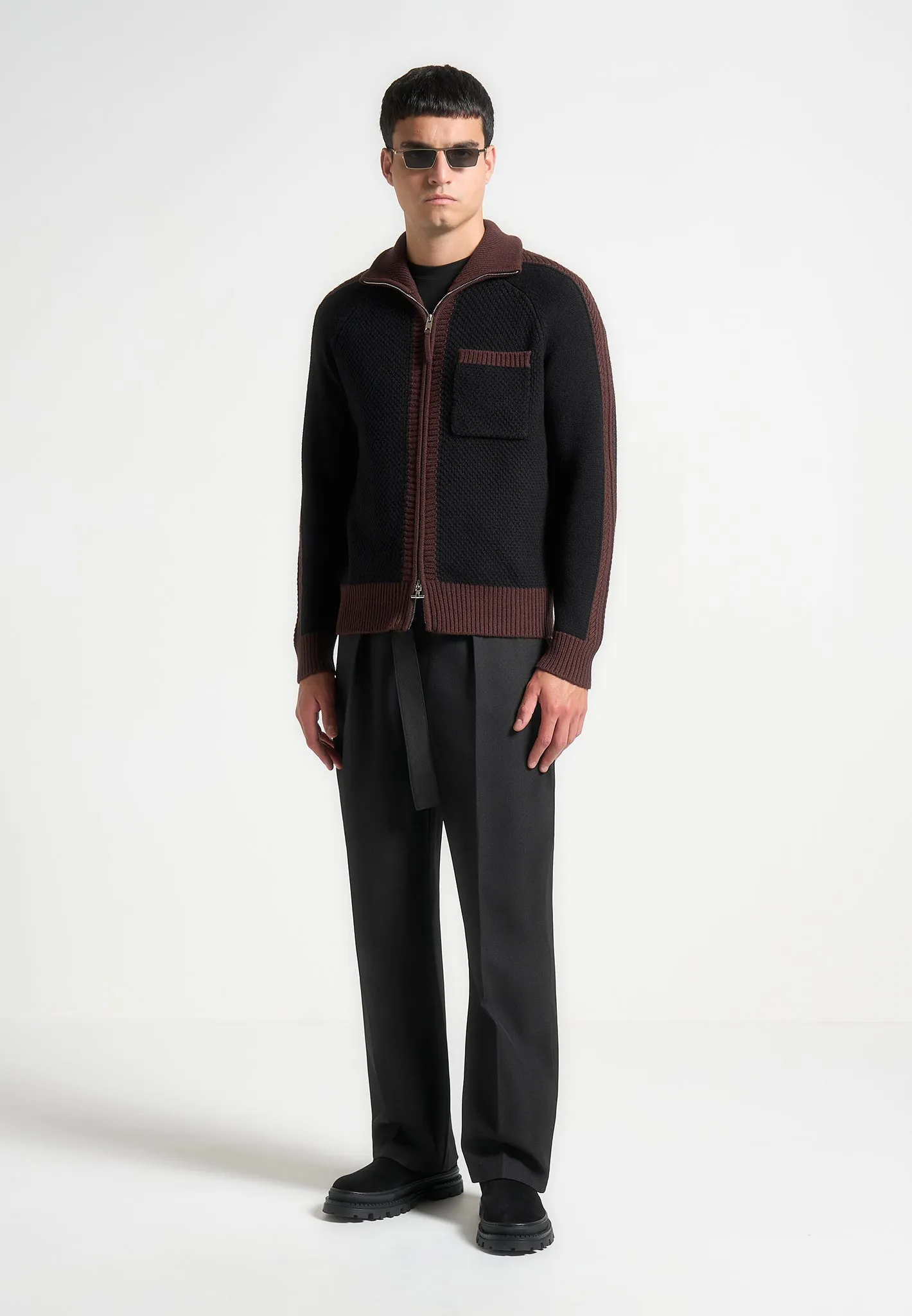 Relaxed Fit Textured Belted Tailored Trousers - Black