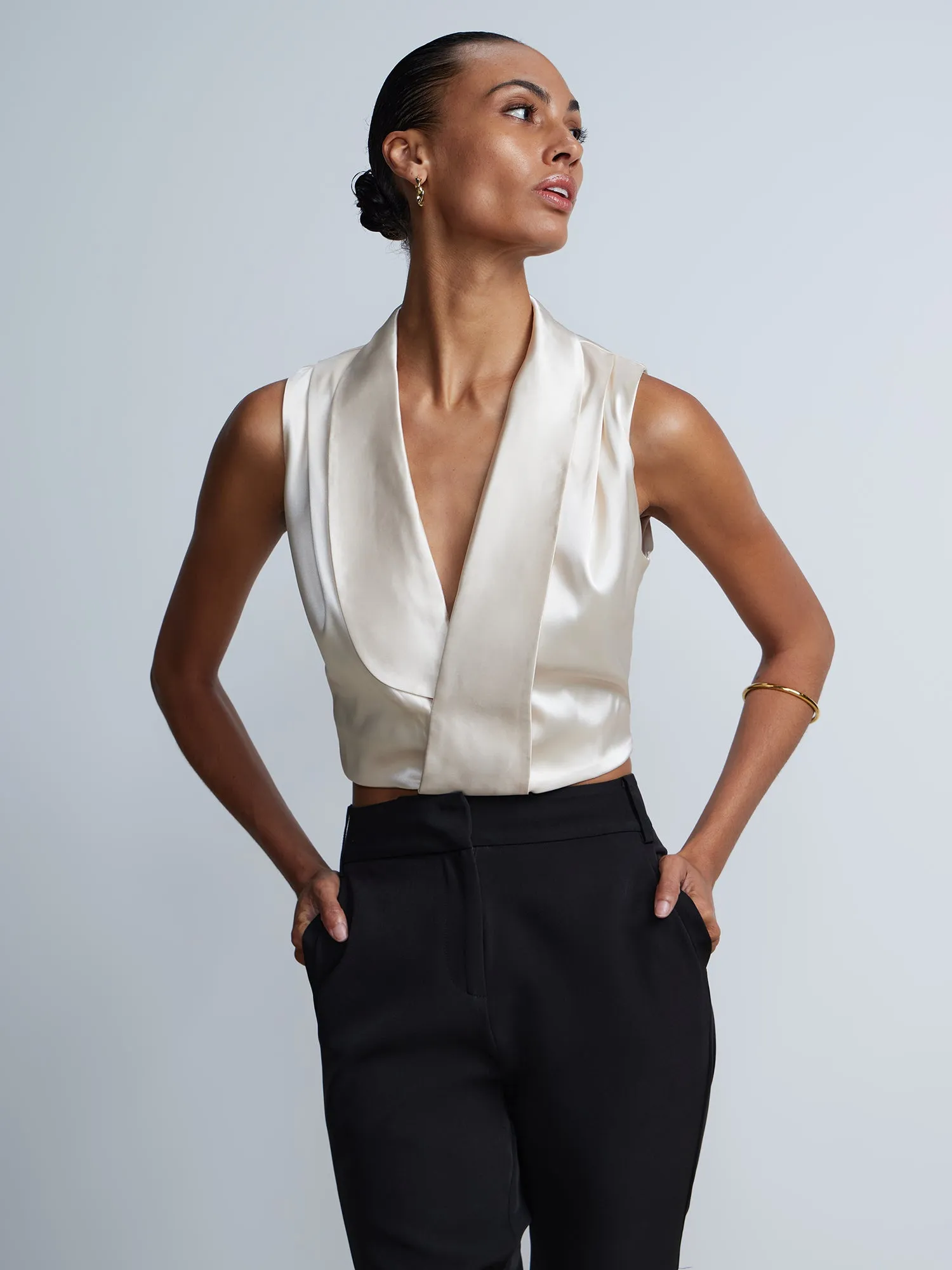 Sleeveless Wrap Neck Satin Top