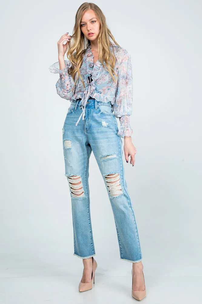 Special A Distressed High Rise Mom Jeans